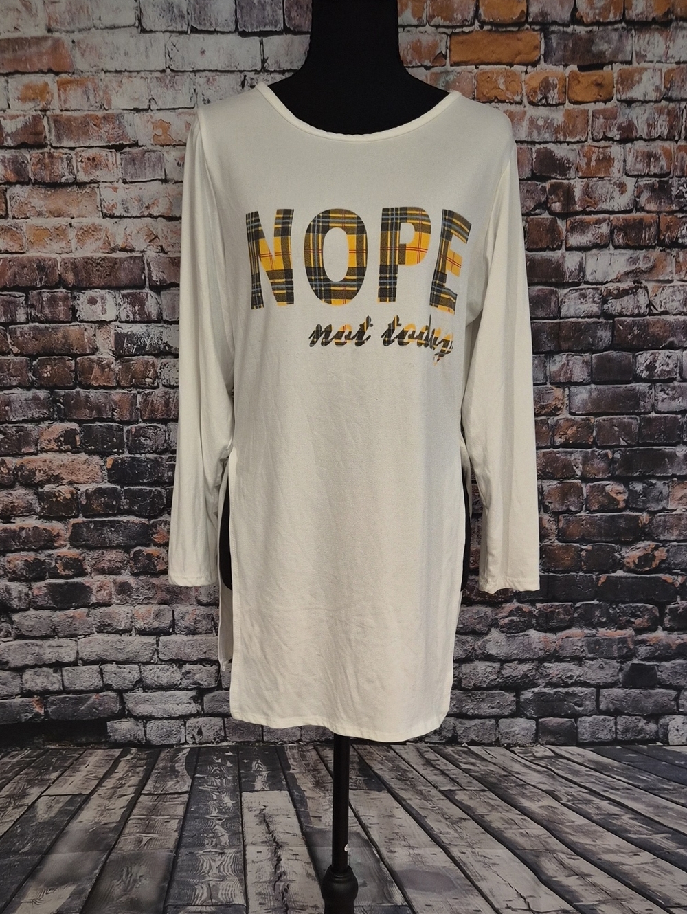 Rainbow Cream Long Sleeve Tee with Yellow & Black Plaid 'NOPE' Graphic